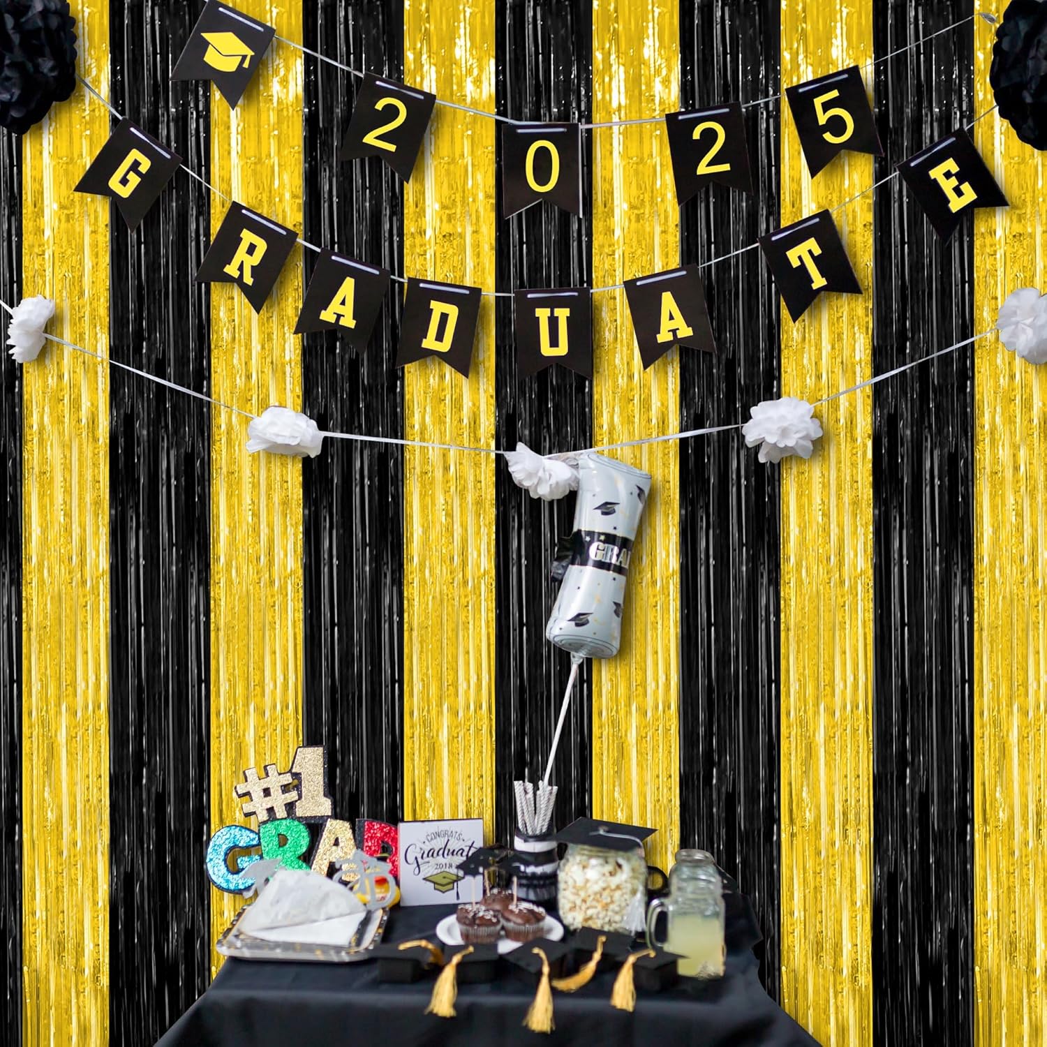 2 Pack Graduation Backdrop, 3.28 FT x 7.05 FT Black and Gold Foil Fringe Curtains, Metallic Foil