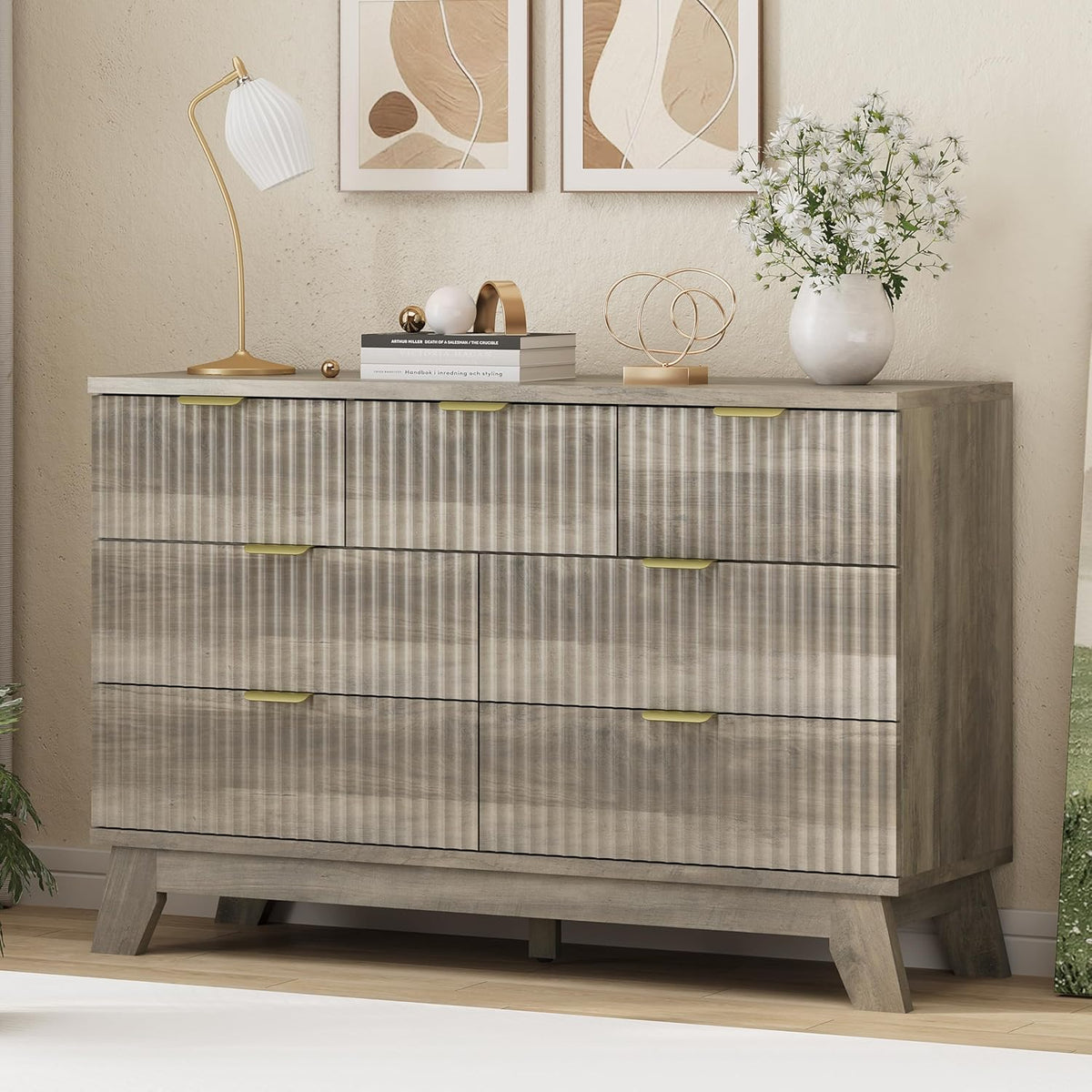 Fluted Dresser for Bedroom with 7 Drawers, 48" Wide Modern Chest of Drawers with Metal Handle, Wood