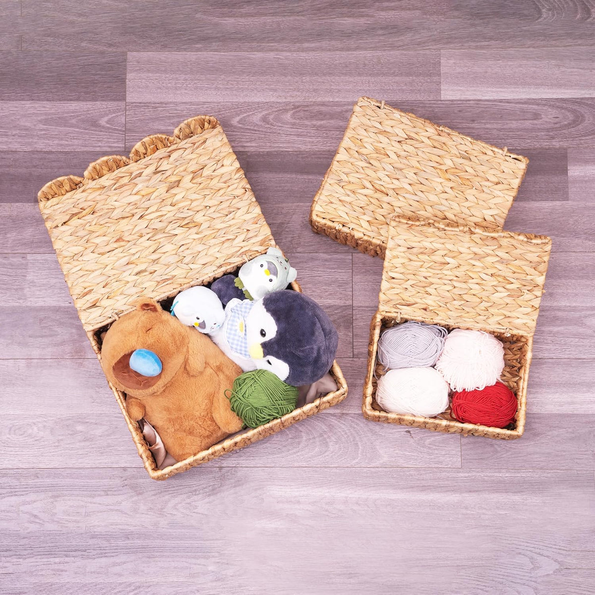 Set of 3 Scalloped Edge Wicker Basket with Lid, Rectangle Wicker Storage Basket with Built-in