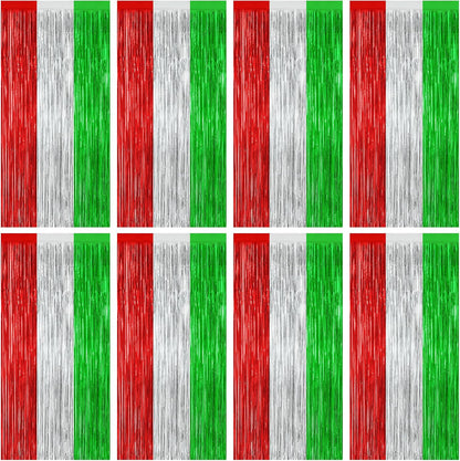 8 Pack Christmas Photo Backdrop, 3.28 FT x 7.05 FT Red Silver Green Party Streamer, Metallic Foil