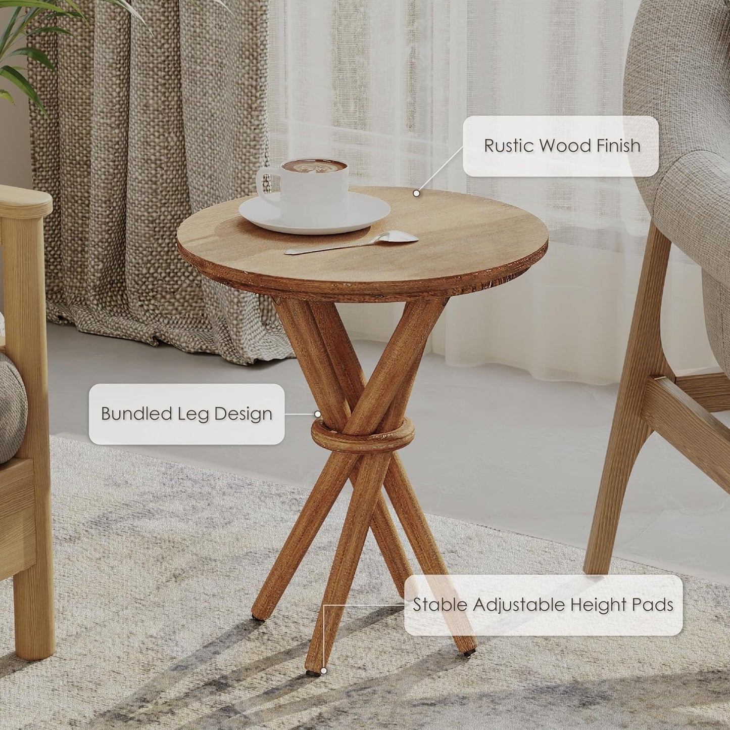 Round Wood End Table Farmhouse Wooden Side Table Rustic Plant Stand with Bundled Legs for Living