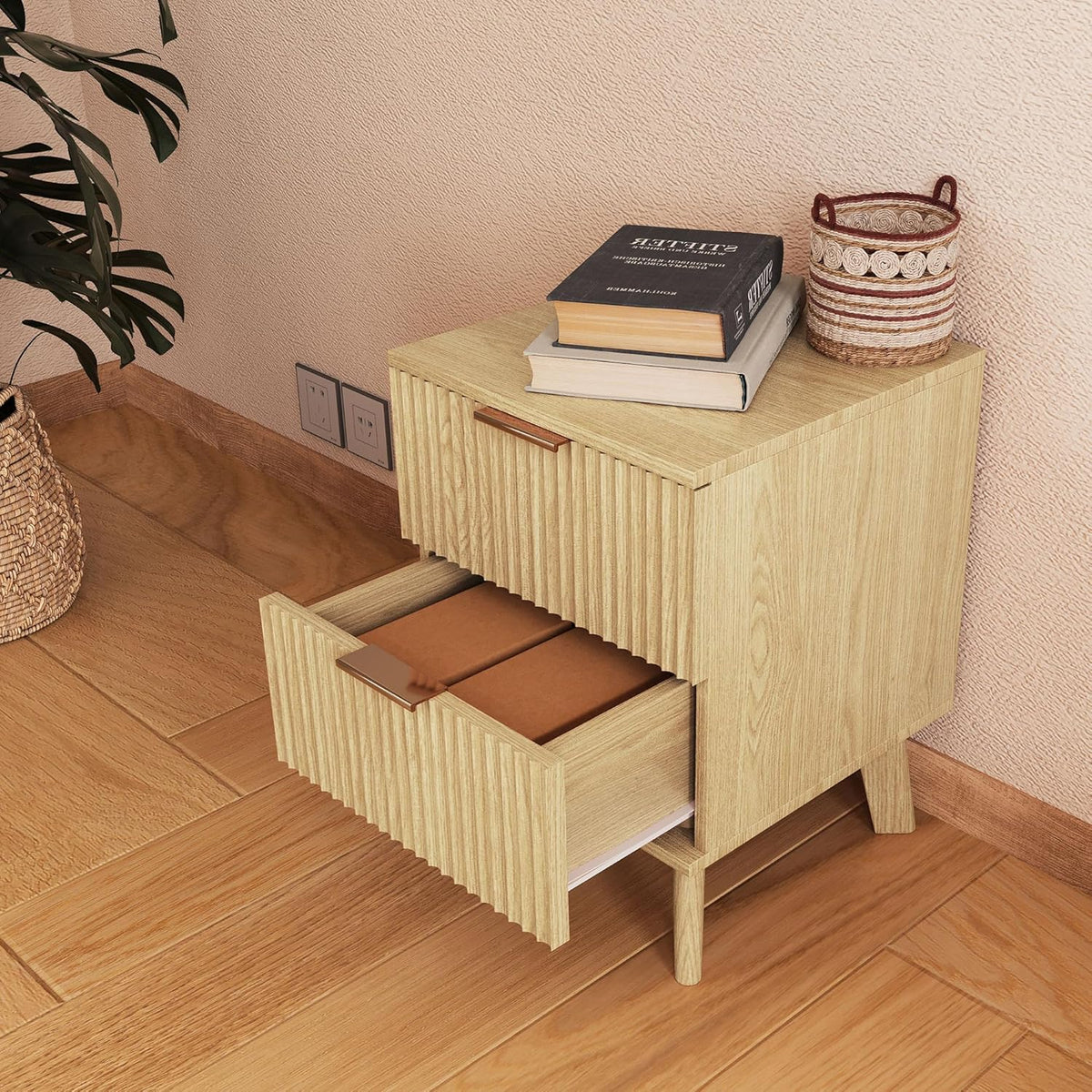 Fluted Nightstands Set of 2, Mid Century Modern 2 Drawer Dresser for Bedroom, Small Night Stand