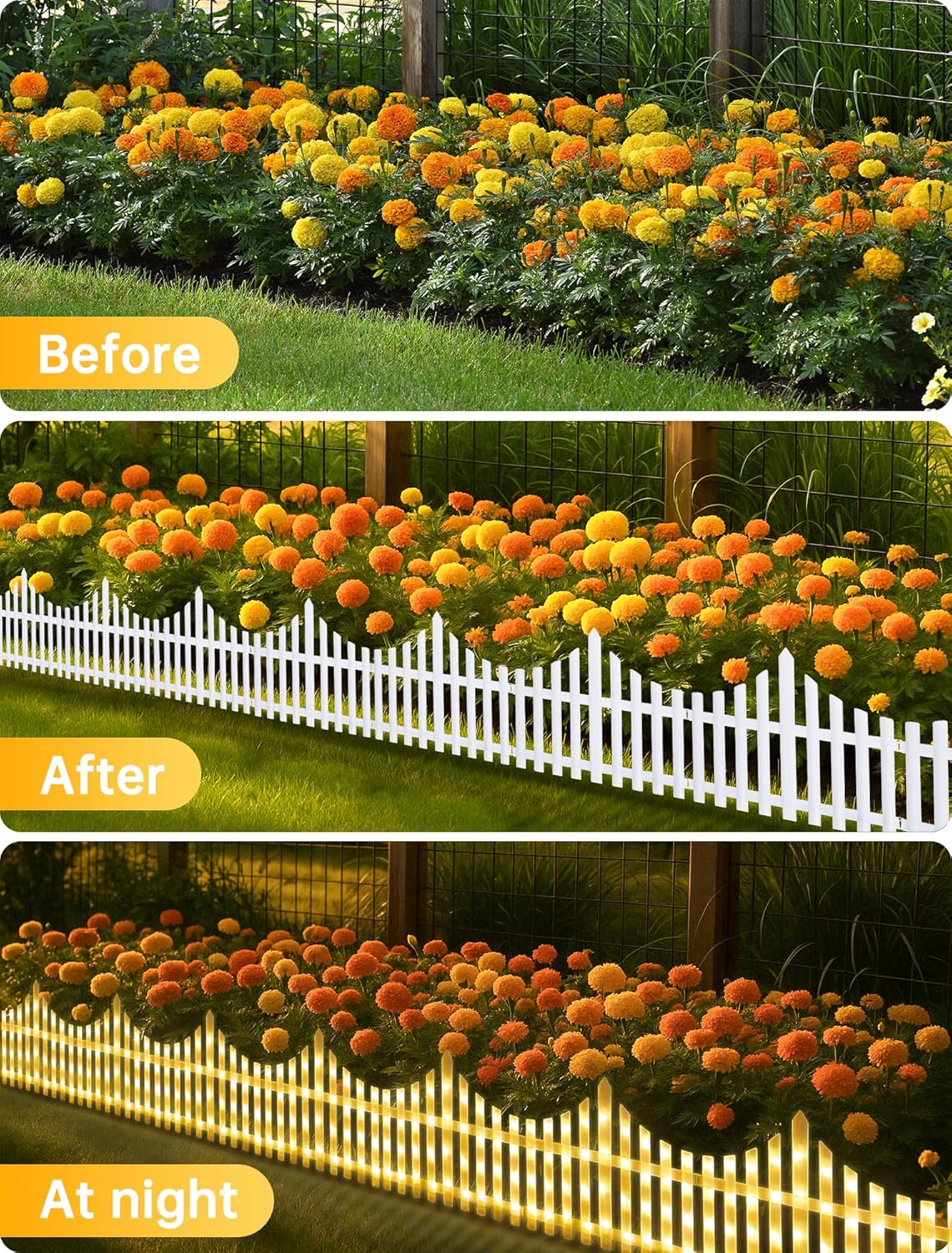 Hopolon 8 Pack White Picket Fence for Garden, 11.1in (H) X 9.1ft (L) Garden Fence Border with 144
