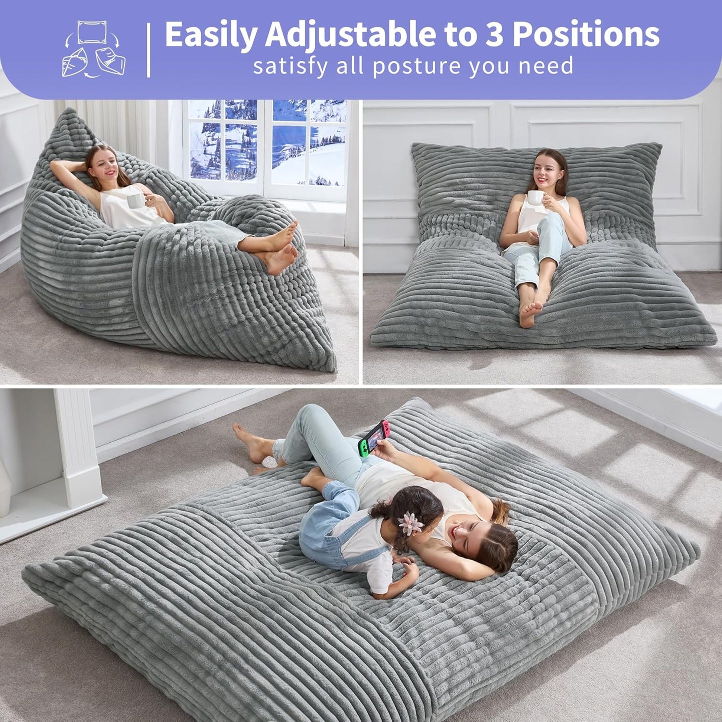 Hobestluk 3 in 1 Bean Bag Chair Giant Bean Bag Chairs Convertible Bean Bag Floor Cushion with