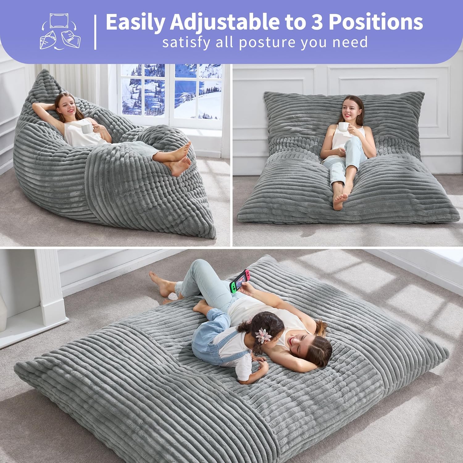 Hobestluk 3 in 1 Bean Bag Chair Giant Bean Bag Chairs Convertible Bean Bag Floor Cushion with