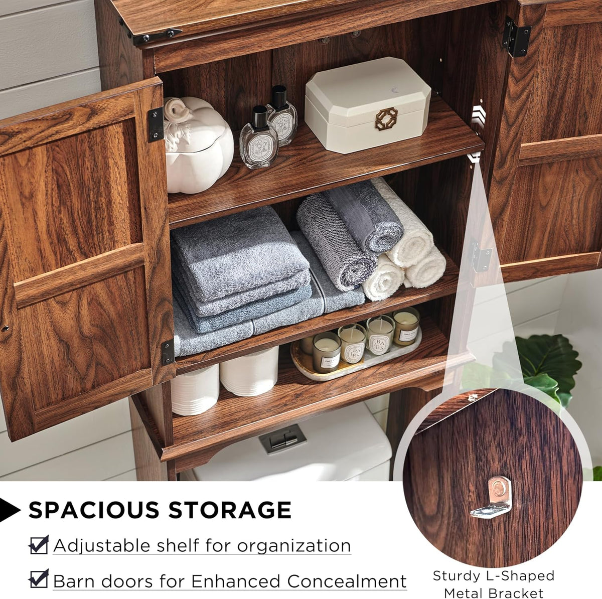 Over The Toilet Storage Cabinet, Farmhouse Bathroom Cabinet with Adjustable Shelf & Barn Door, 67"