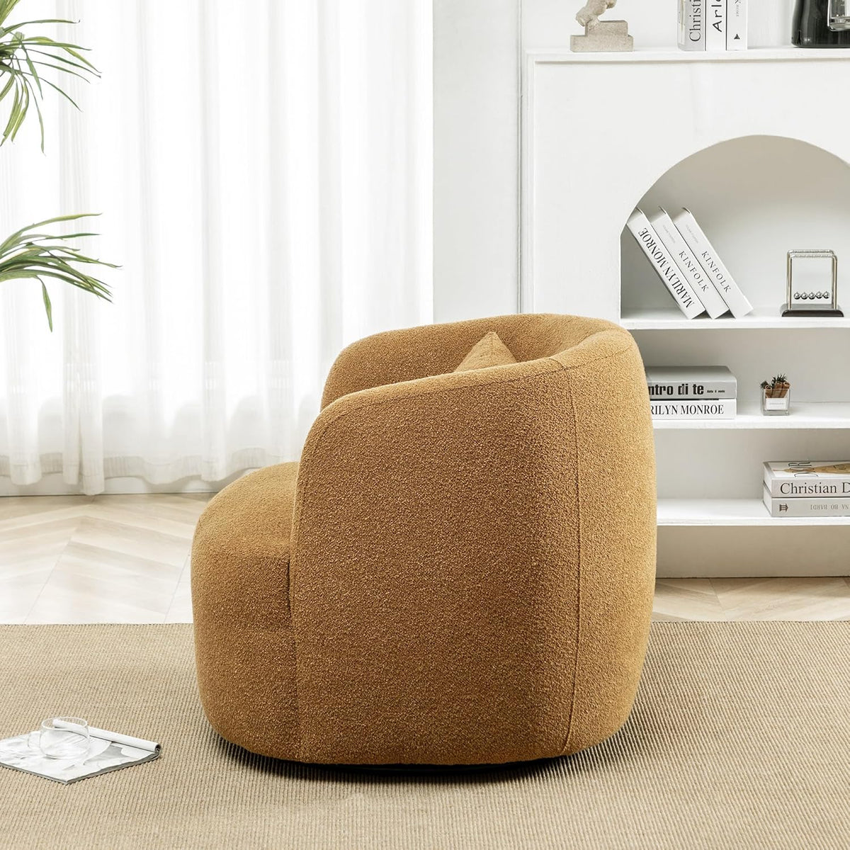 KINWELL 34" Wide Boucle Swivel Barrel Chair, No Assembly Round Upholstered Armchair Accent Chair