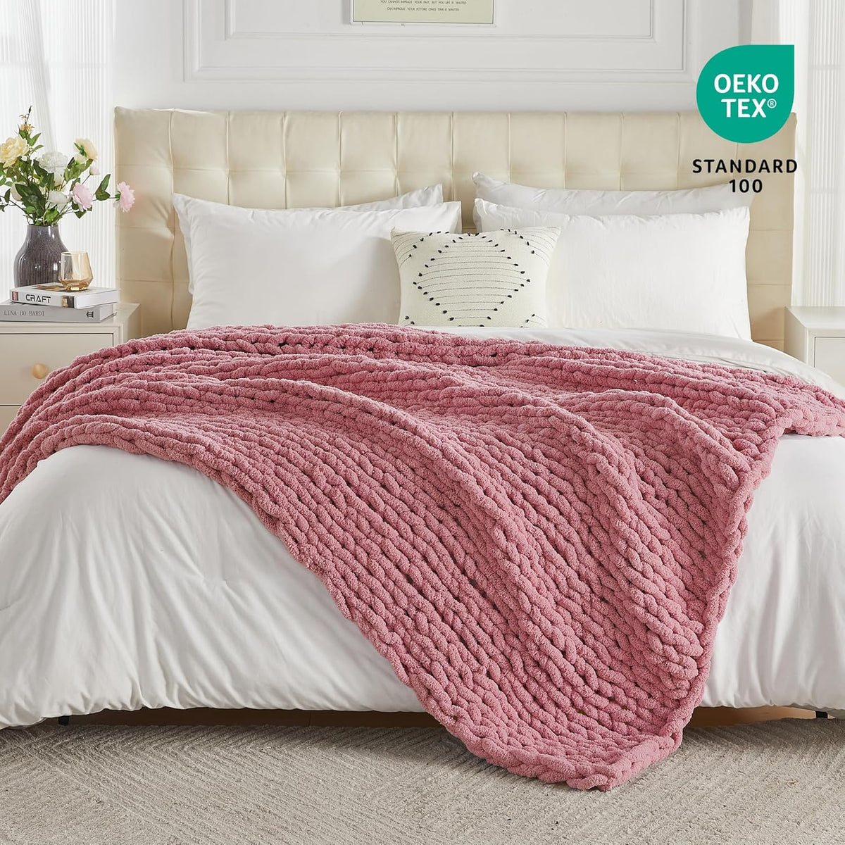 Carriediosa Chunky Knit Throw Blanket 60" X 80" Twin, 100% Hand Made Large Chenille Loop Yarn Soft