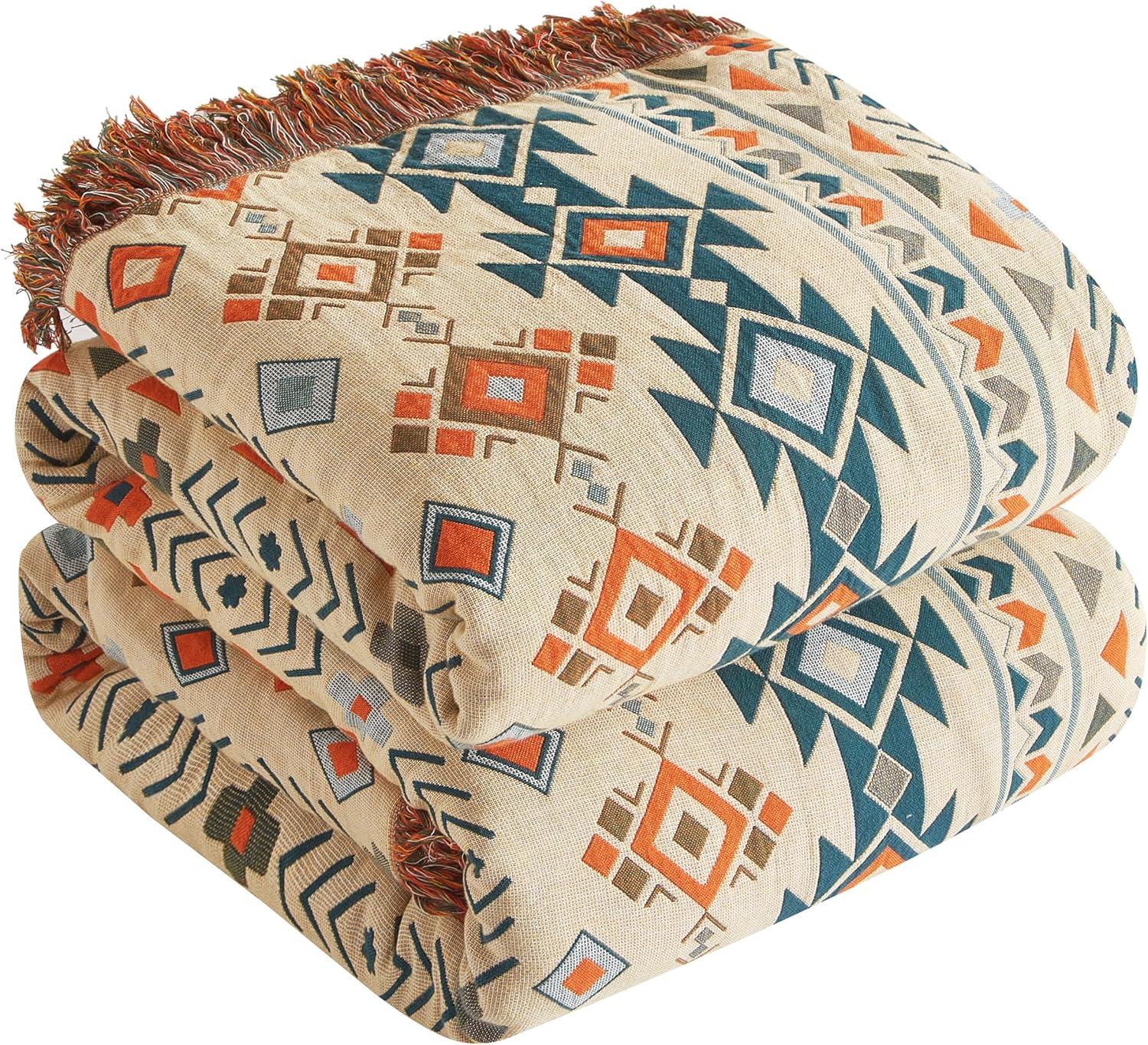 Boho Throw Blanket for Bed 60”x80”, 100% Cotton Woven Blanket for Couch Sofa, Ultra Soft 4-Layer