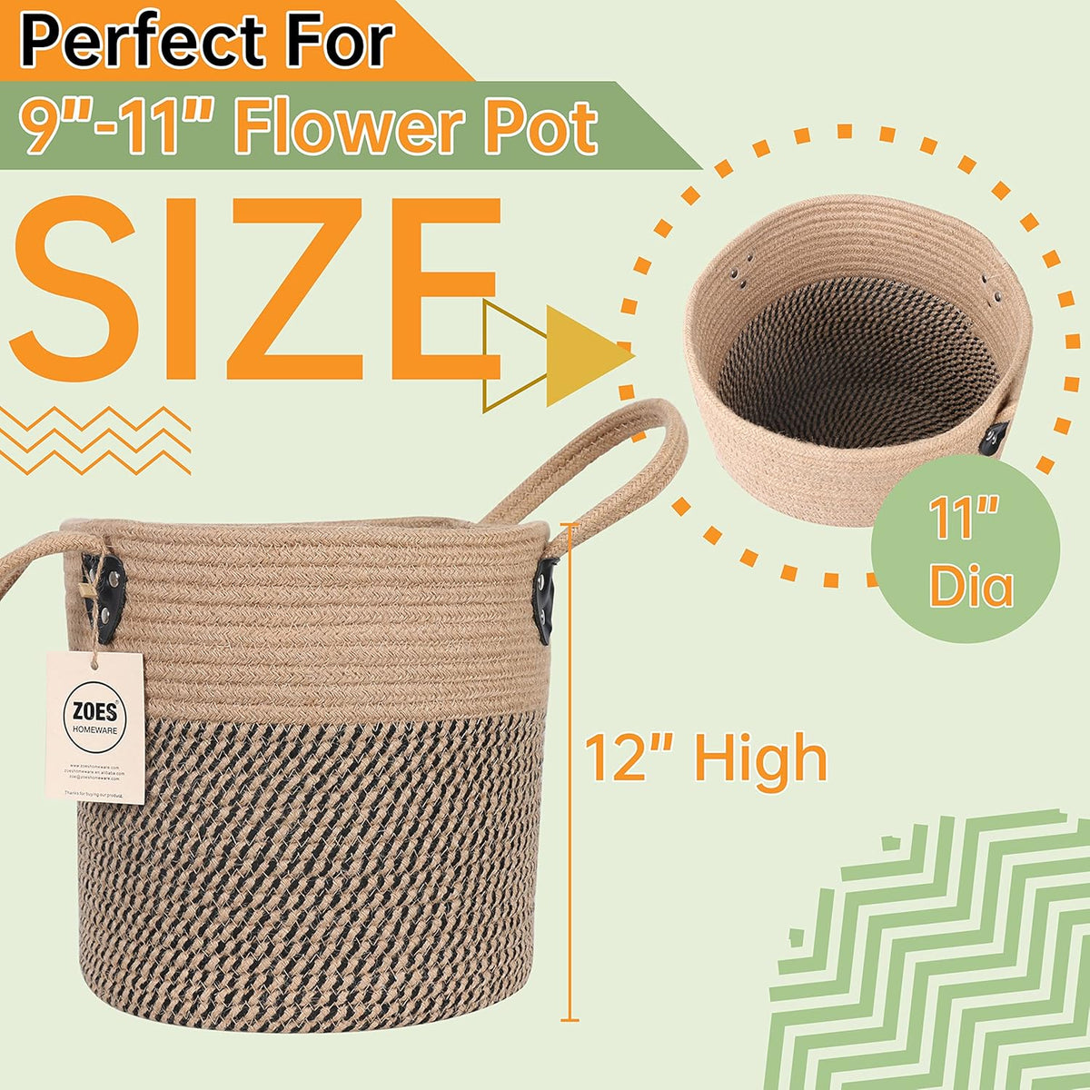 Jute Rope Basket - 12"x12" Woven Plant Pot Cover, Boho Indoor/Outdoor Multifunctional Storage