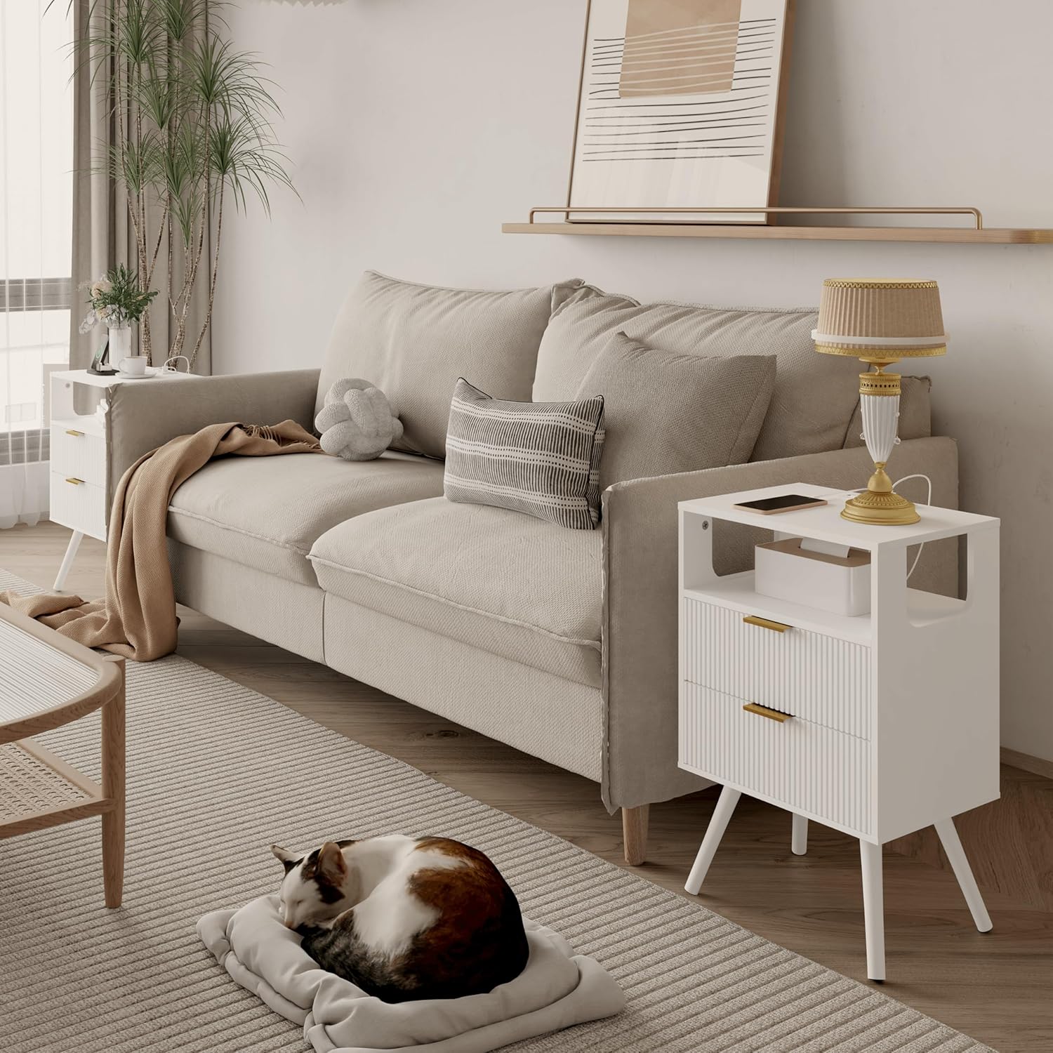 White Nightstand with Charging Station and LED Lights,Modern Bedside Table with 2 Storage Drawer