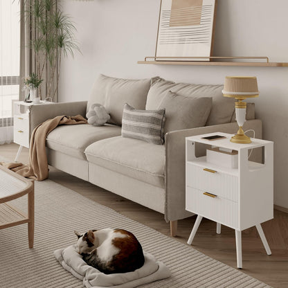 White Nightstand with Charging Station and LED Lights,Modern Bedside Table with 2 Storage Drawer