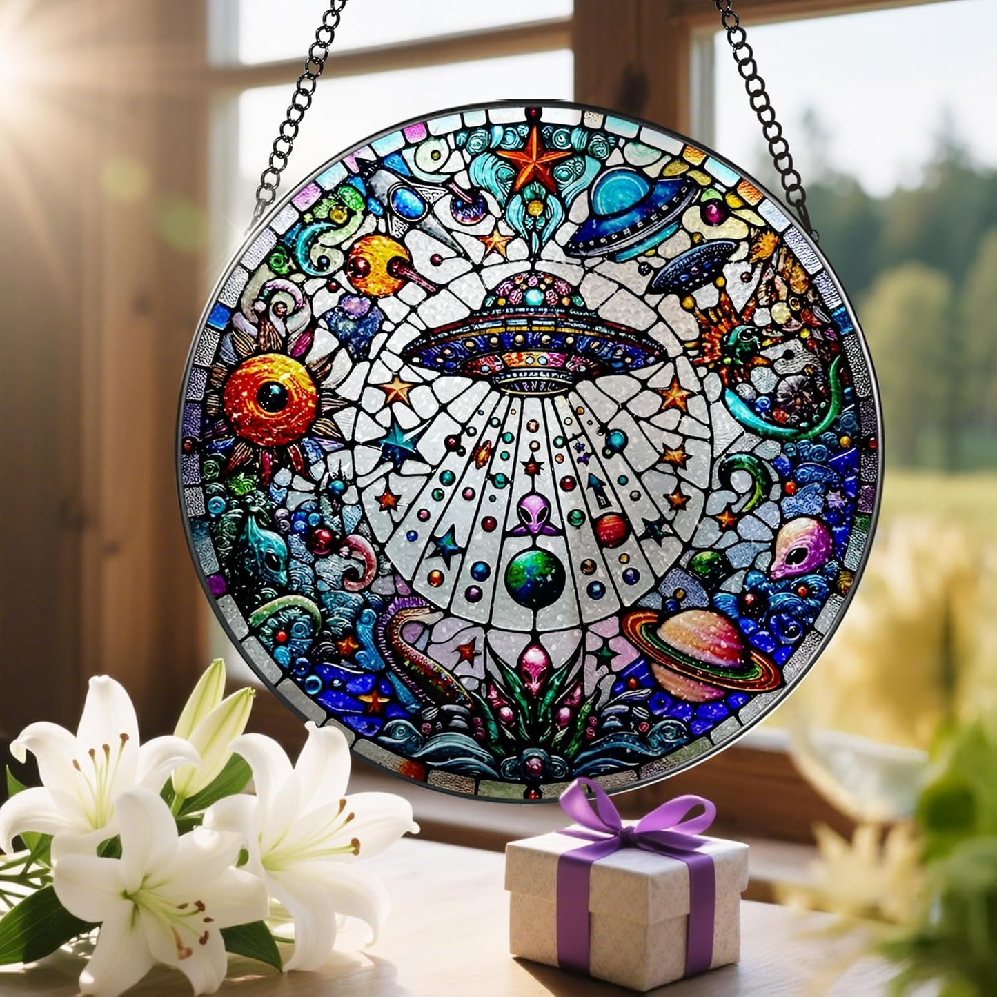 Stained Glass Window Hanging, LAOWEIKI 8'' UFO&Alien Suncatcher, Stained Glass Ornament