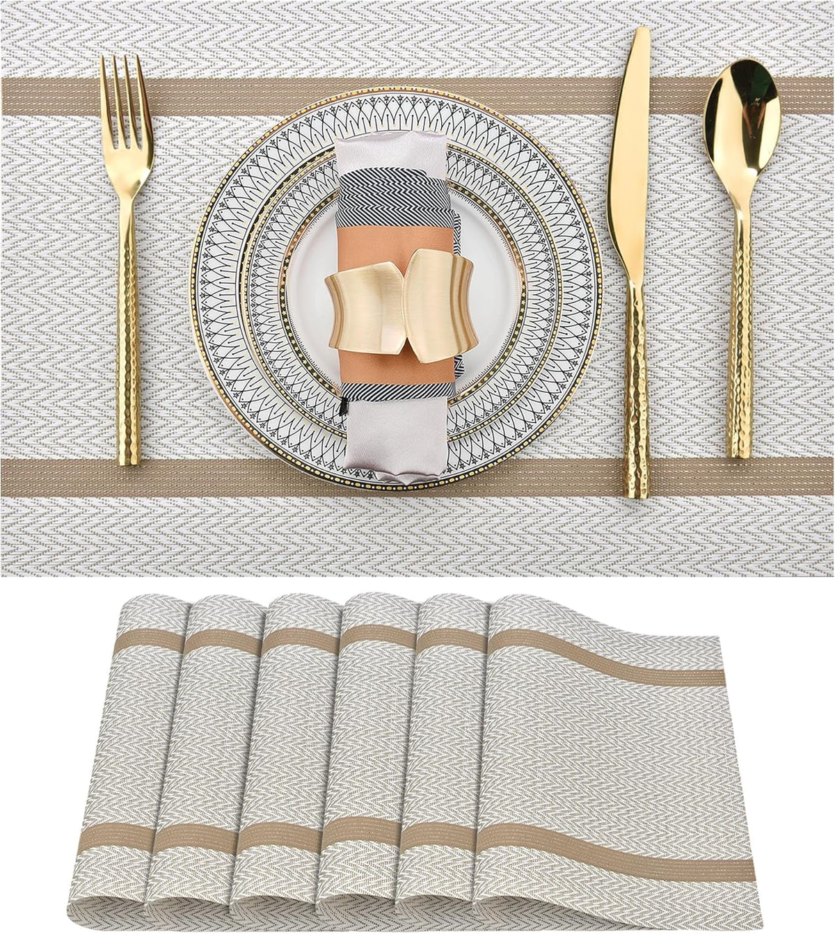 Beige White Placemats Set of 6 - Easy Clean Modern Durable Washable Vinyl Place Mats - Heat