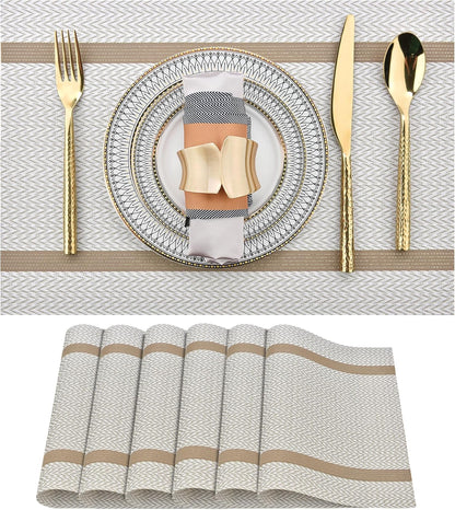 Beige White Placemats Set of 6 - Easy Clean Modern Durable Washable Vinyl Place Mats - Heat