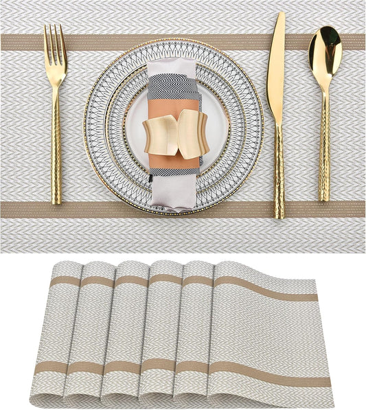 Beige White Placemats Set of 6 - Easy Clean Modern Durable Washable Vinyl Place Mats - Heat