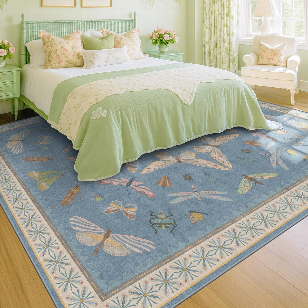 Insect Light Blue Rug for Living Room - 9x12 Cute Rugs for Bedroom, Moth Floral Boho Design, Low