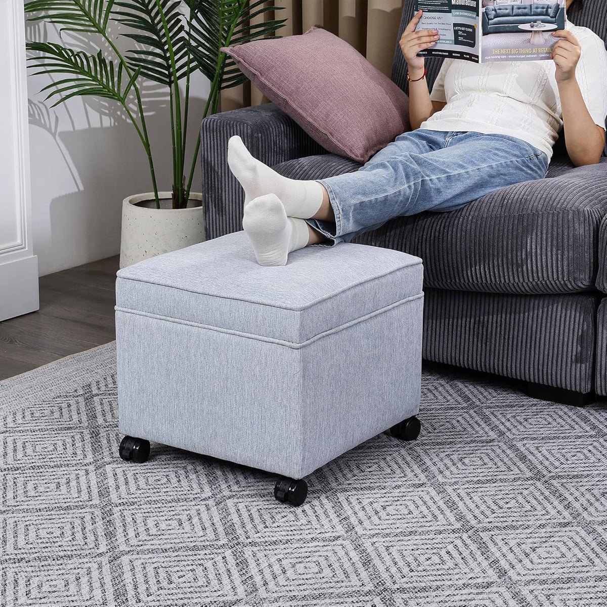 Adeco 17.5" Square Fabric Ottoman with Storage, Upholstered Cotton Linen Foot Rest, Flip Top