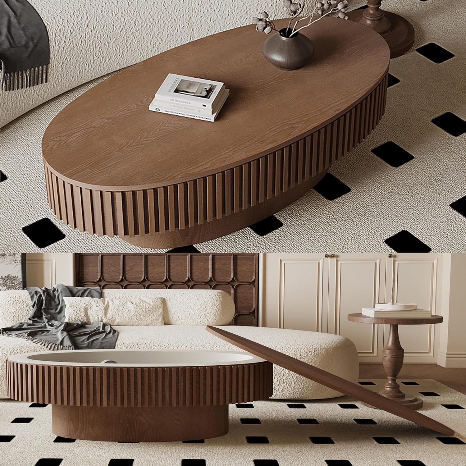 47.2''Oval Coffee Table with Storage, Mid Century Modern Fluted Drum Center Tables with Lid, Solid