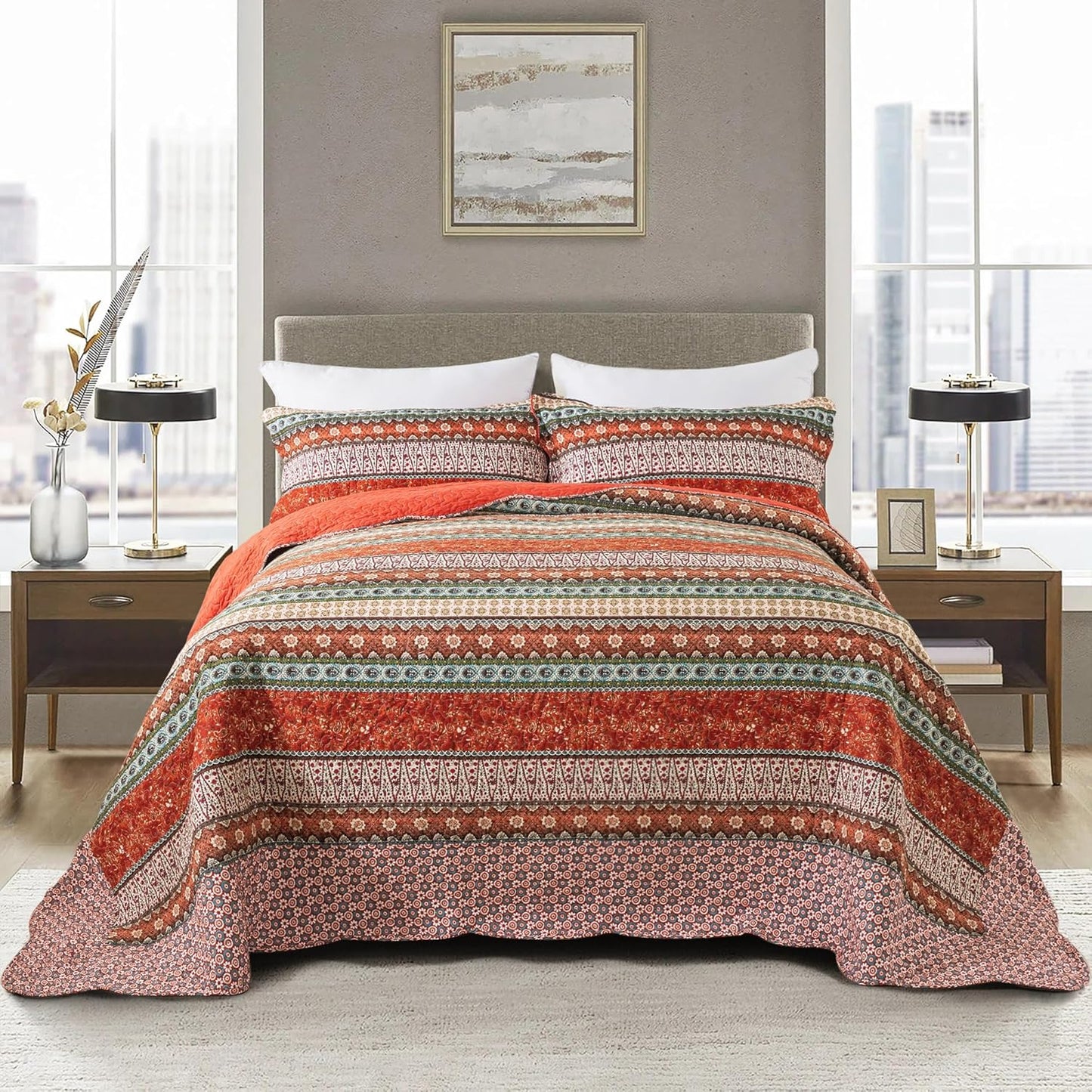 NEWLAKE Cotton Bedspread Quilt Sets - Reversible Patchwork Coverlet Set, Red Striped Jacquard