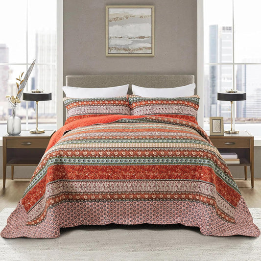 NEWLAKE Cotton Bedspread Quilt Sets - Reversible Patchwork Coverlet Set, Red Striped Jacquard