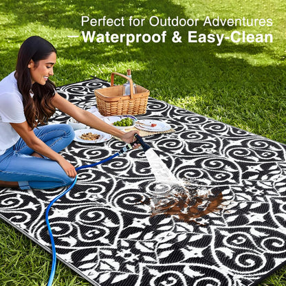 OLANLY Outdoor Rug Waterproof 8x10 ft Clearance, Reversible Outdoor Plastic Straw Rug with Floral