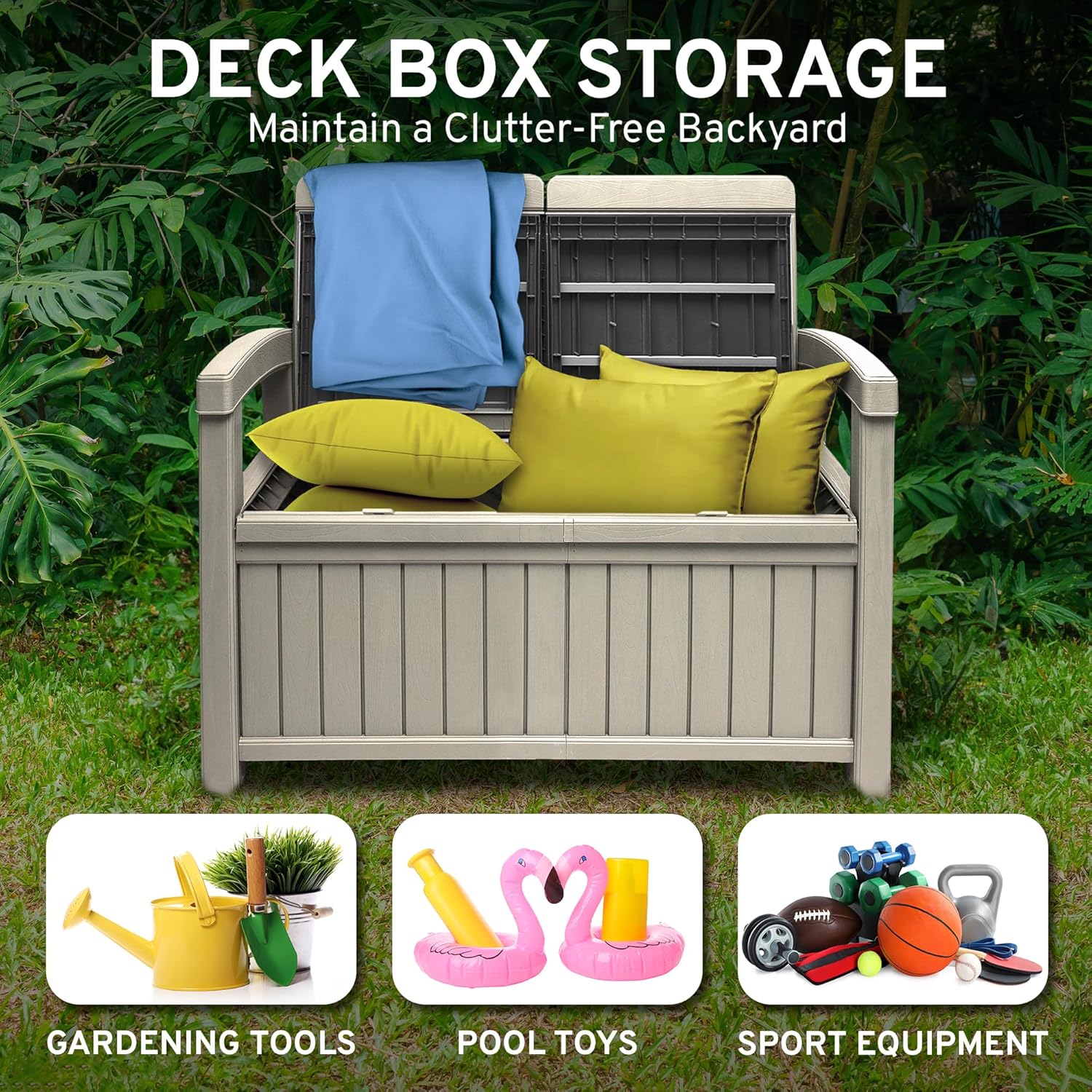 EconoHome 2 Seat Outdoor Storage Bench with Rain Cover - 60 Gallon Capacity - Weatherproof Resin