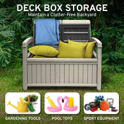EconoHome 2 Seat Outdoor Storage Bench with Rain Cover - 60 Gallon Capacity - Weatherproof Resin