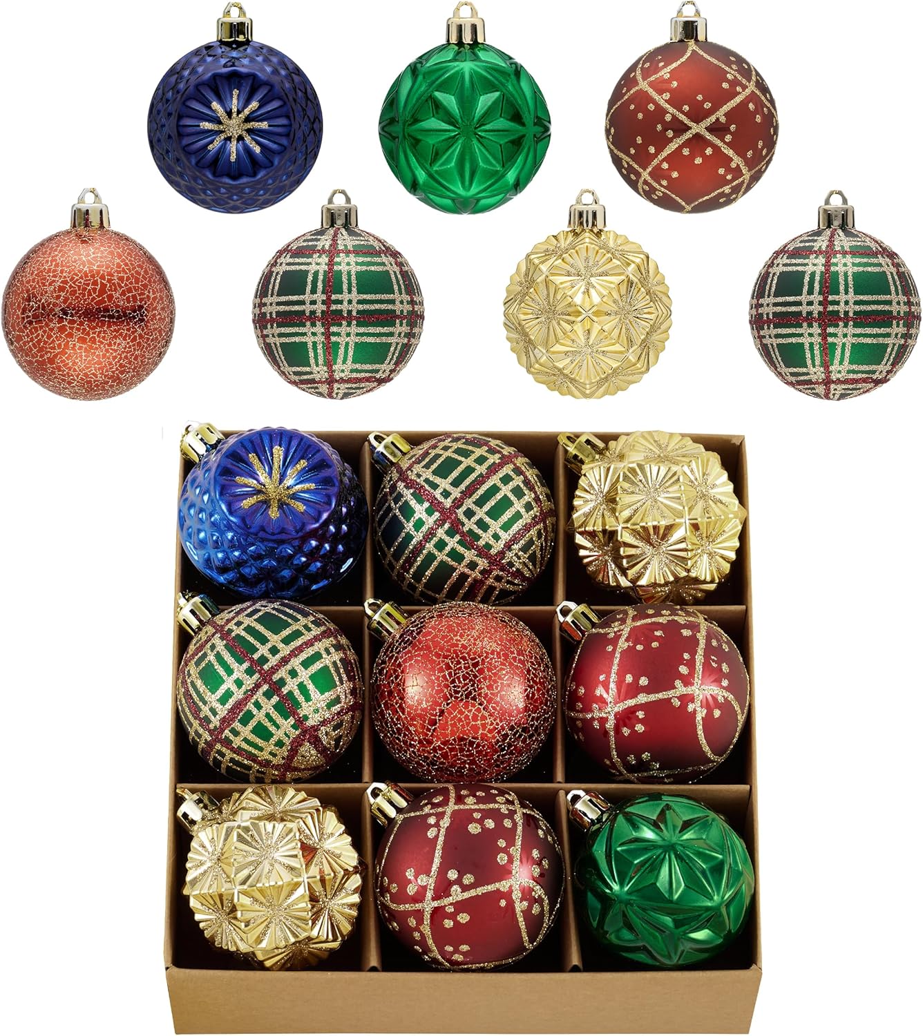 Valery Madelyn Ornaments for Christmas Trees, 9ct 2.36 Inches Red Green and Gold Shatterproof