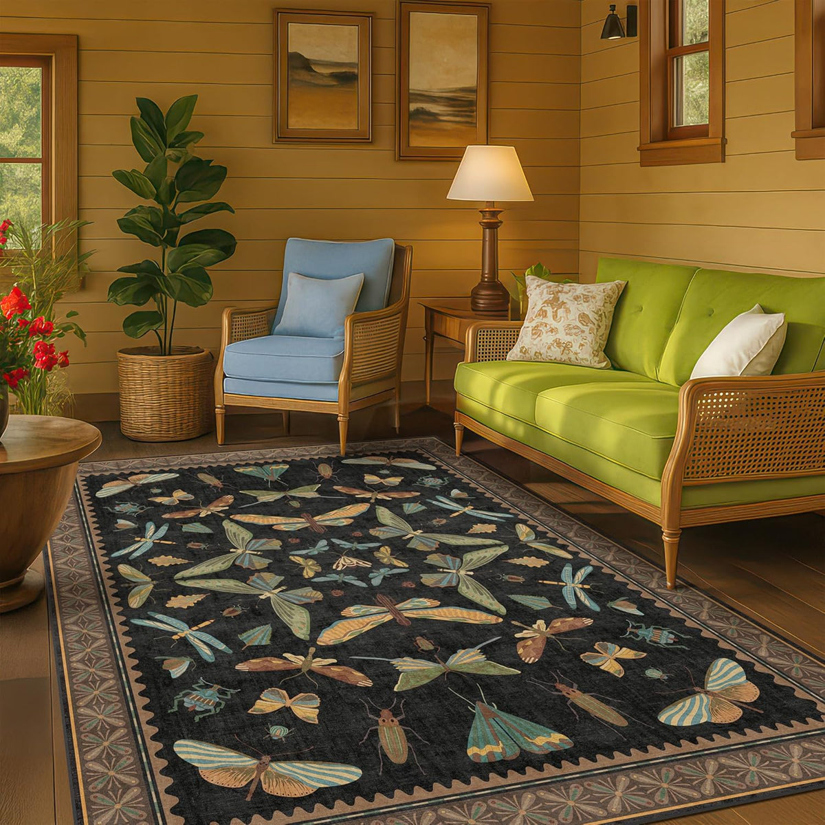 5x8 Black Rug for Bedroom - Boho Large Entryway Rug for Living Room, Under Small Dining Table, Dark