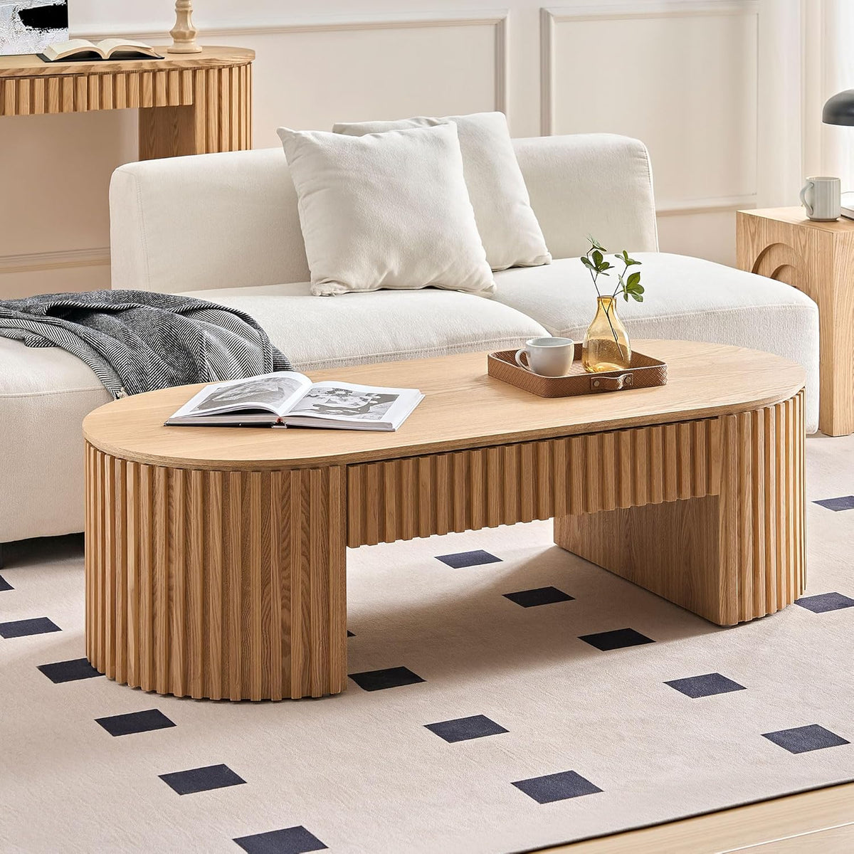 51.18'' Oval Coffee Table for Living Room Fluted Center Table with Drawer, Mid Century Modern