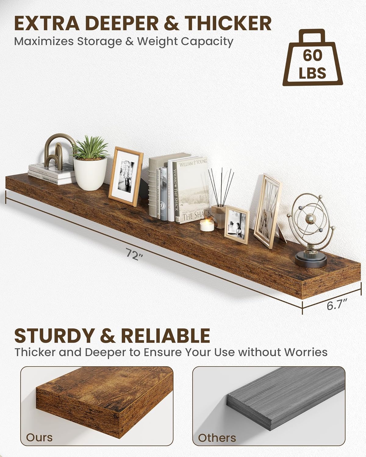 Marsmiles 72" Floating Shelves for Wall, Wooden Shelves with Invisible Brackets Set of 2, Rustic