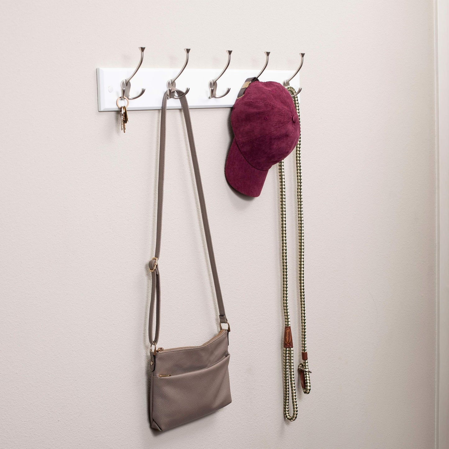 BIRDROCK HOME Tri Hook Coat Rack | 5 Hooks | Wall Mount Hat Rack | White Finish | Satin Nickel Hooks