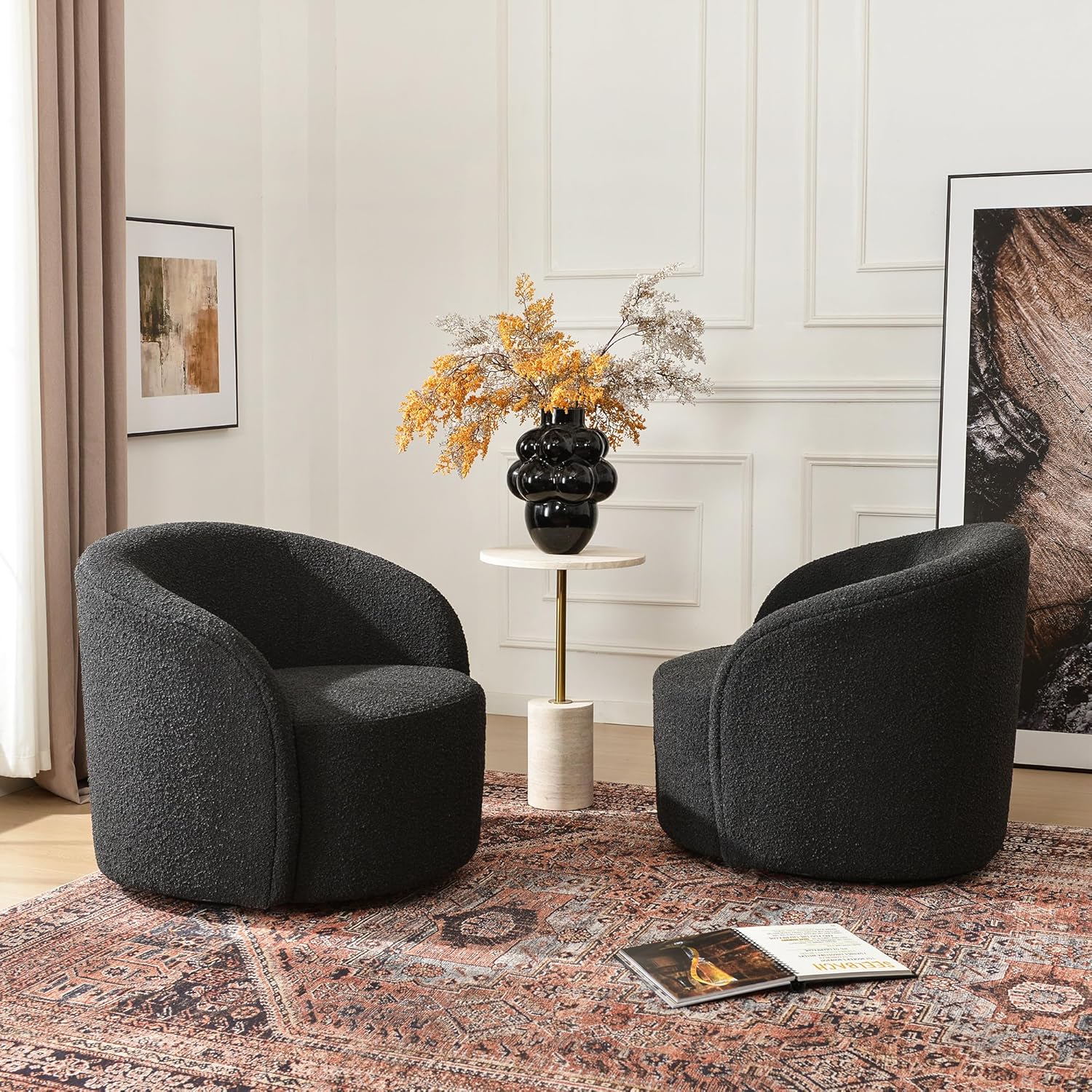 KINWELL 34" W Swivel Barrel Chair Set of 2, Mid Century Modern Round Upholstered Boucle Swivel
