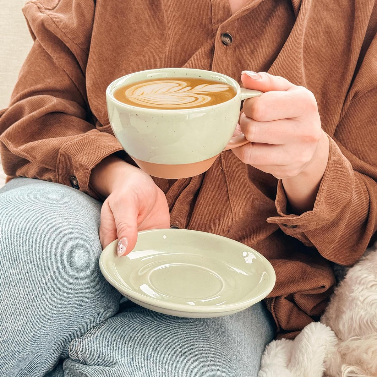 Mora Ceramic Latte Art Mug With Saucer - 10.5 oz, Round Bottom For Perfect Pours - Cafe Cups for