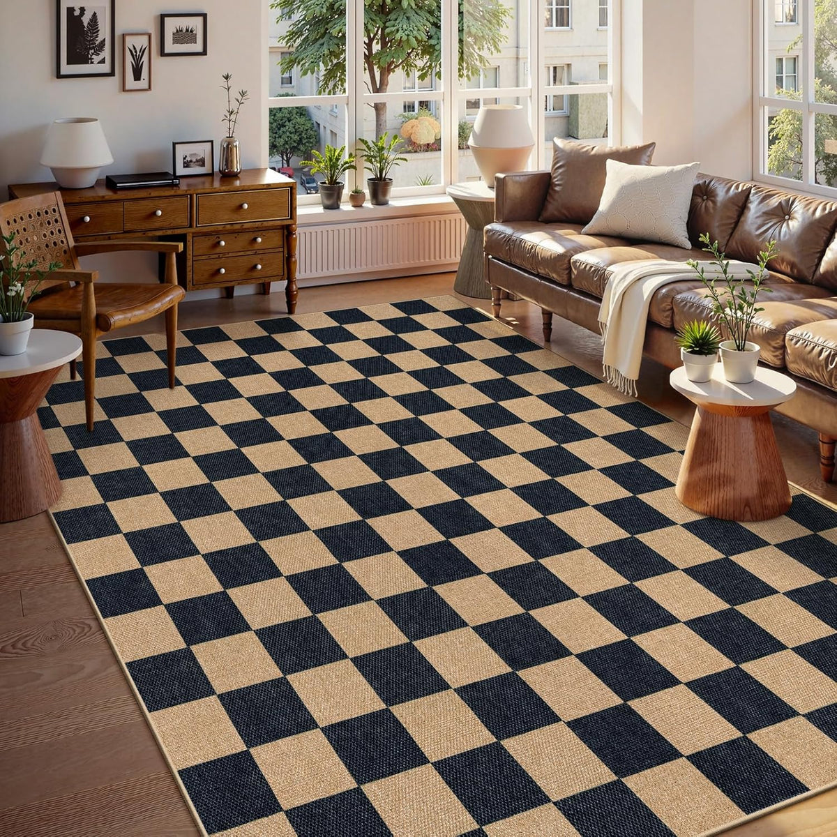 Lahome Checkered Easy Jute 8x10 Rug, Washable Rugs for Living Room Office, Farmhouse Neutral Non