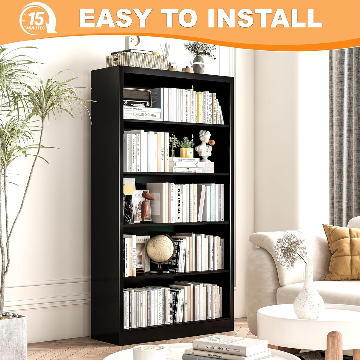 Black Bookshelf, 55” Adjustable Tall Metal Bookshelf, 5-Tier Toy Storage Organizer with Anti-Tilt