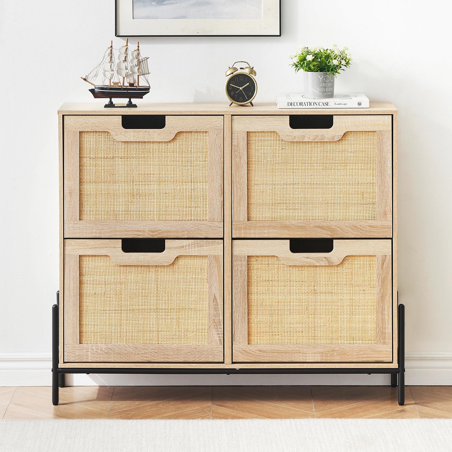 IDEALHOUSE Rattan Shoe Storage Cabinet with 4 Flip Drawers, Freestanding Shoe Organizer with