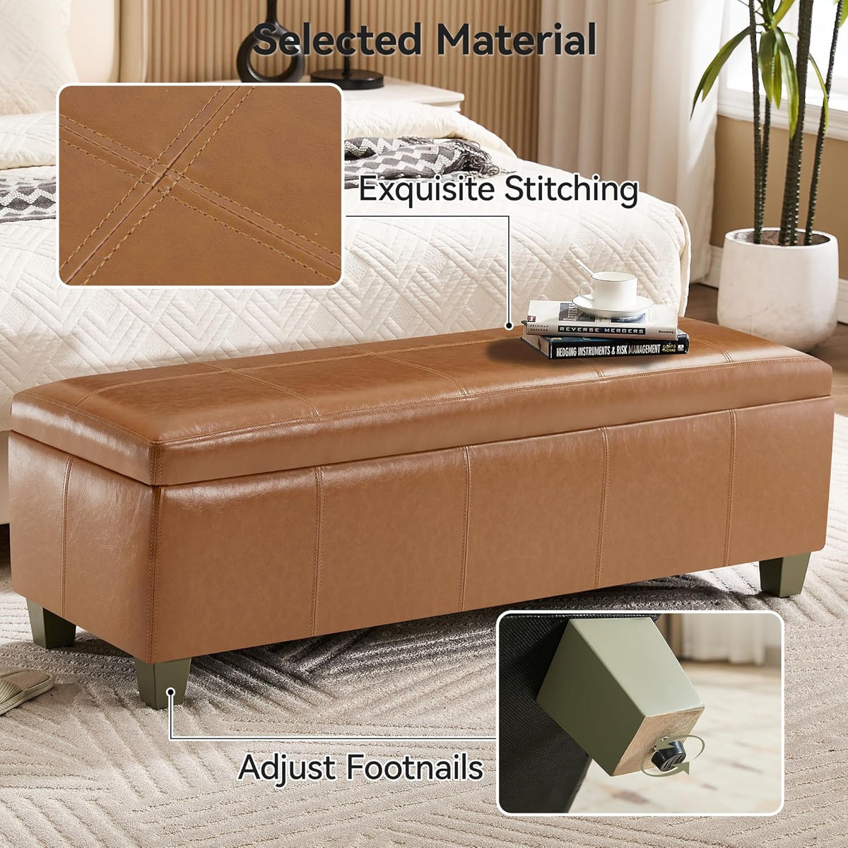 51" Faux Leather Storage Ottoman, Stitch Tufted Rectangle Upholstered End of Bed Storage Bench