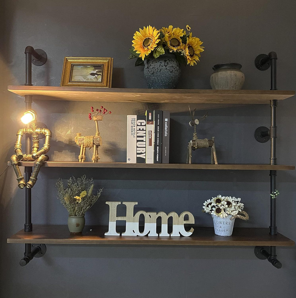 Industrial Pipe Wall Shelves Pipe Shelving with Real Wood Plank ,48 Inches Floating Shelves for