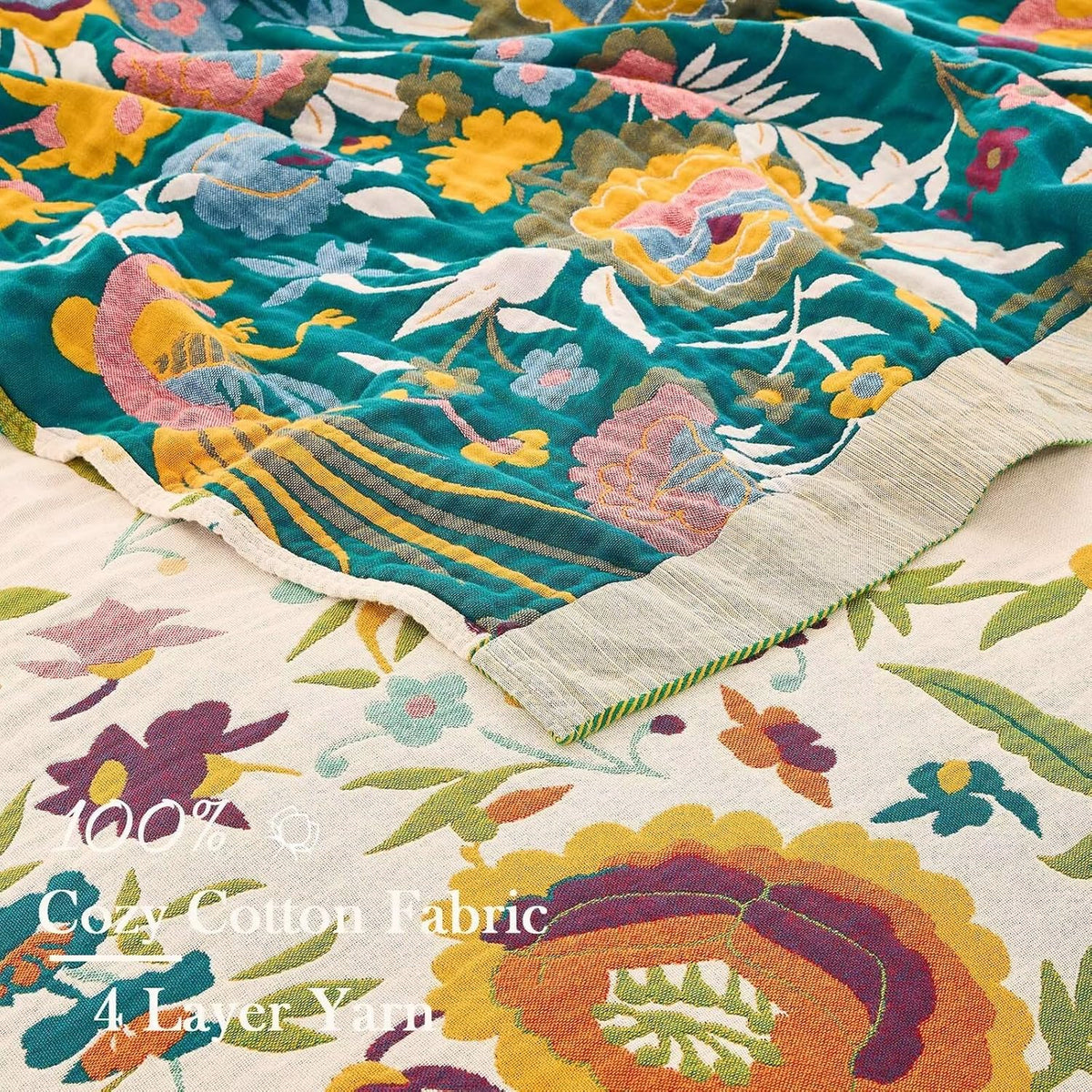 Boho Throw Blanket for Bed, 100% Cotton Soft Rustic Quilt Fall Blanket, 50"x60" Colorful Floral