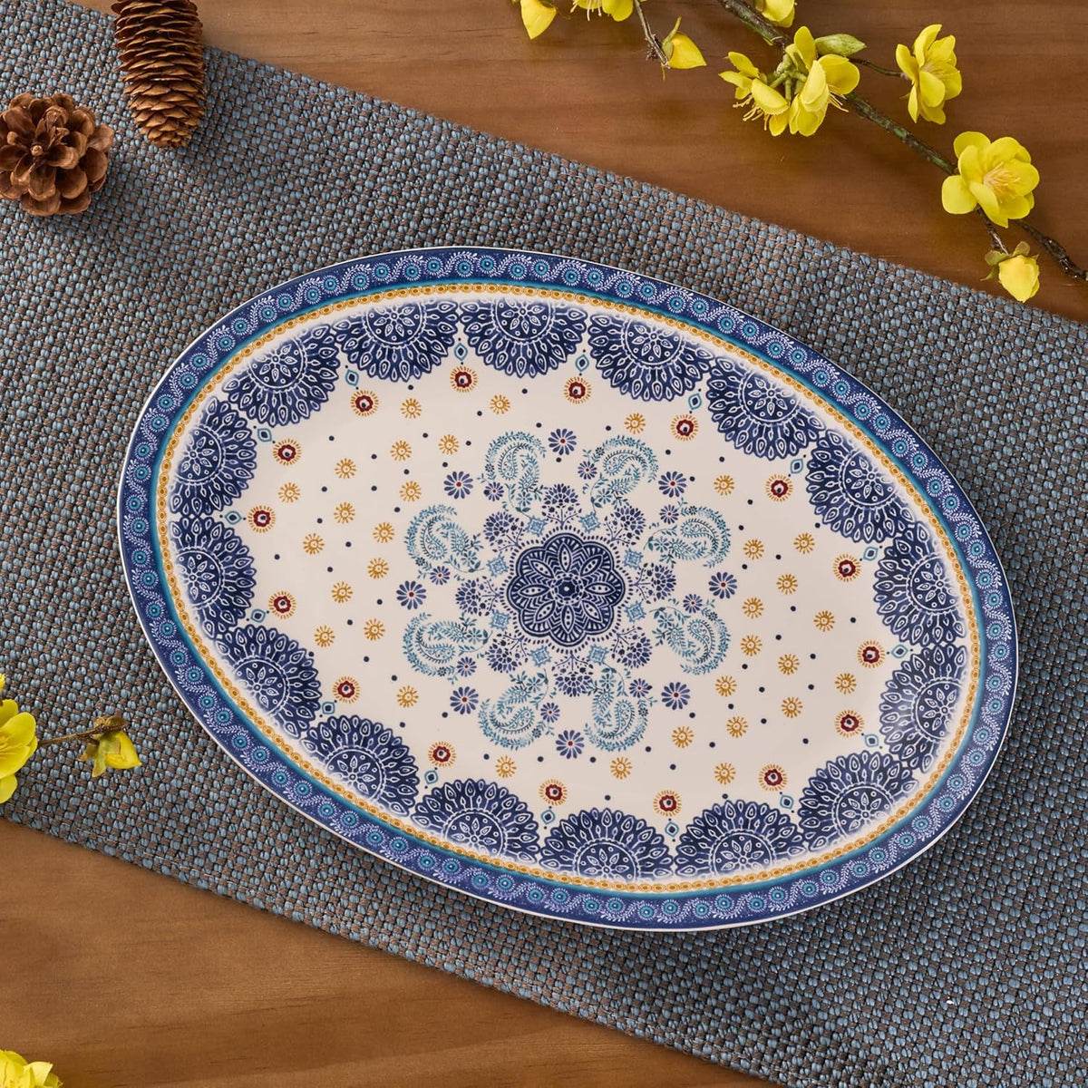 Bico Blue Talavera 16 plus 14 inch Oval Platters Set, Set of 2, Microwave and Dishwasher Safe, for
