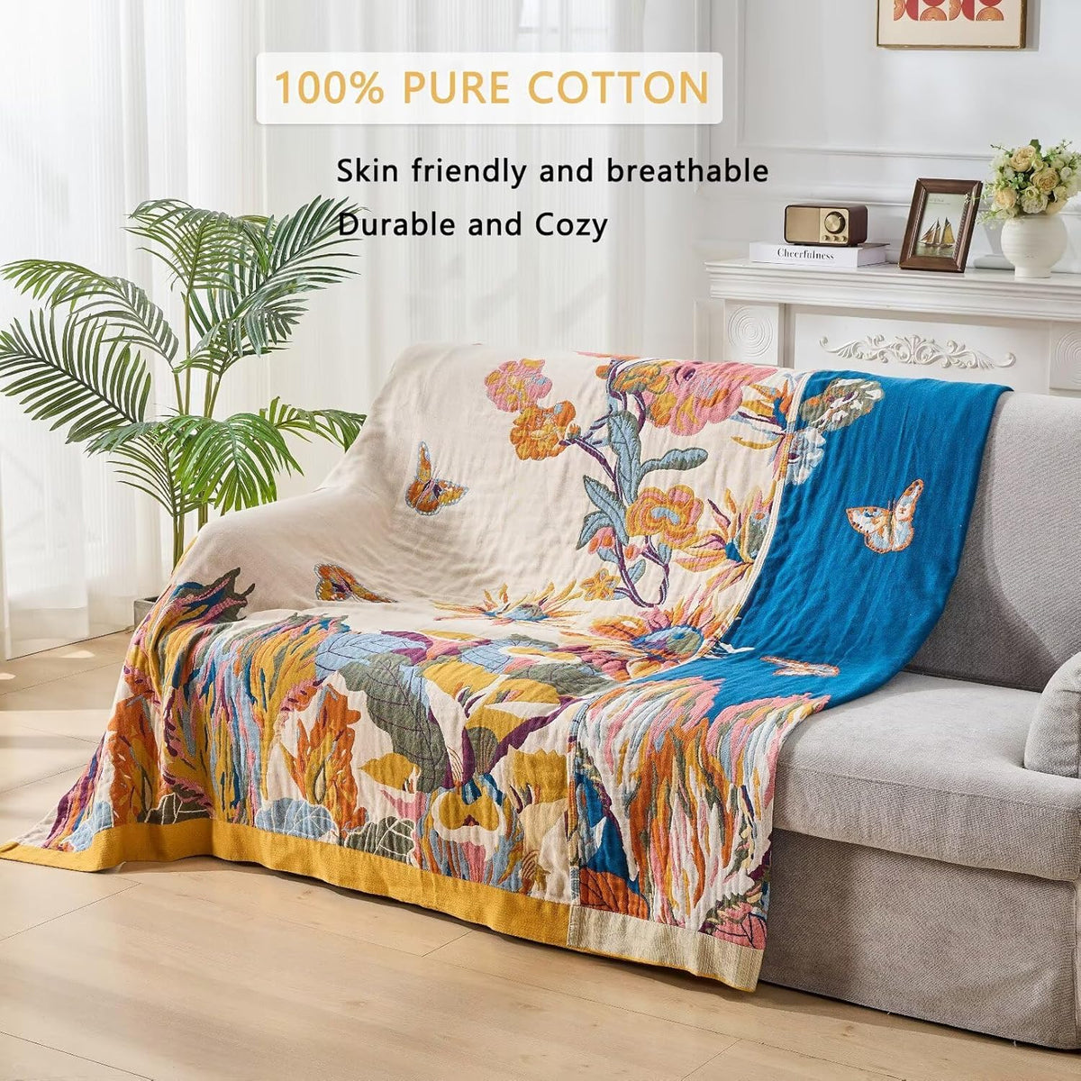 100% Cotton Boho Throw Blanket, King Size Living Room Reversible Fall Throw Blanket, Boho Floral
