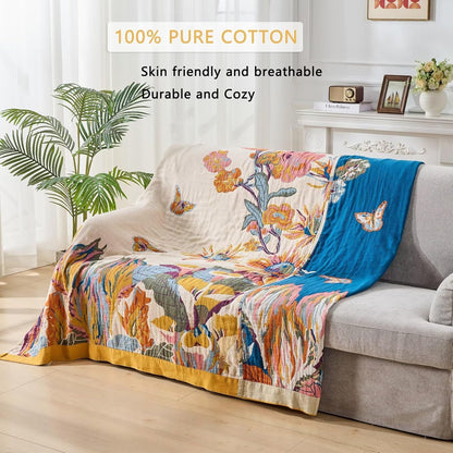 100% Cotton Boho Throw Blanket, King Size Living Room Reversible Fall Throw Blanket, Boho Floral