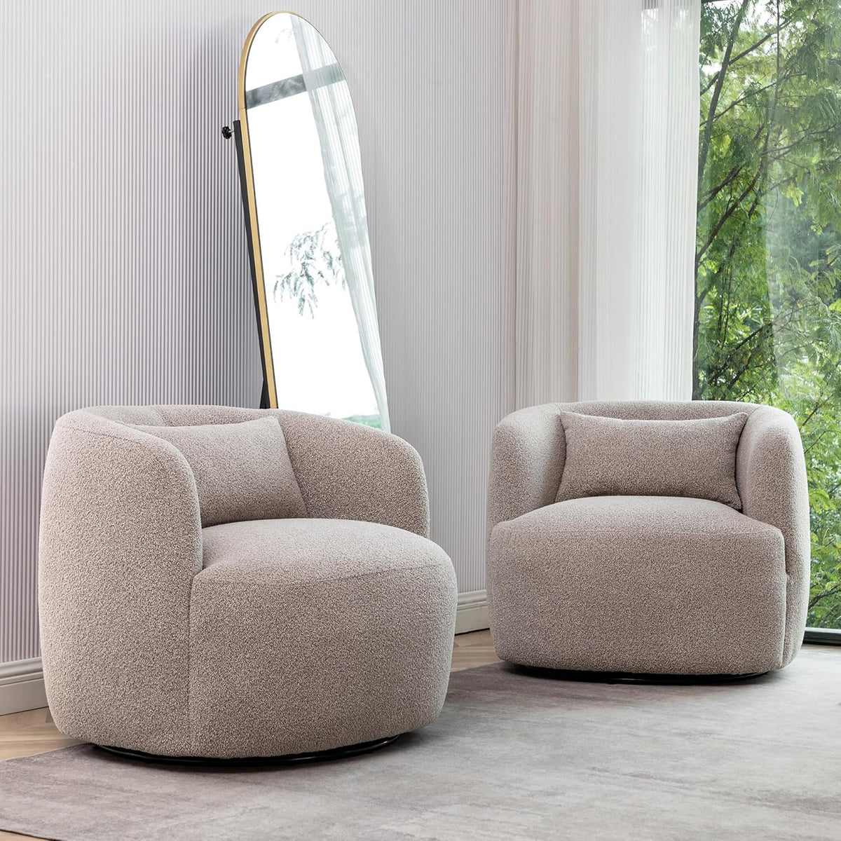 KINWELL 34" Wide Boucle Swivel Barrel Chairs Set of 2, No Assembly Round Upholstered Armchairs