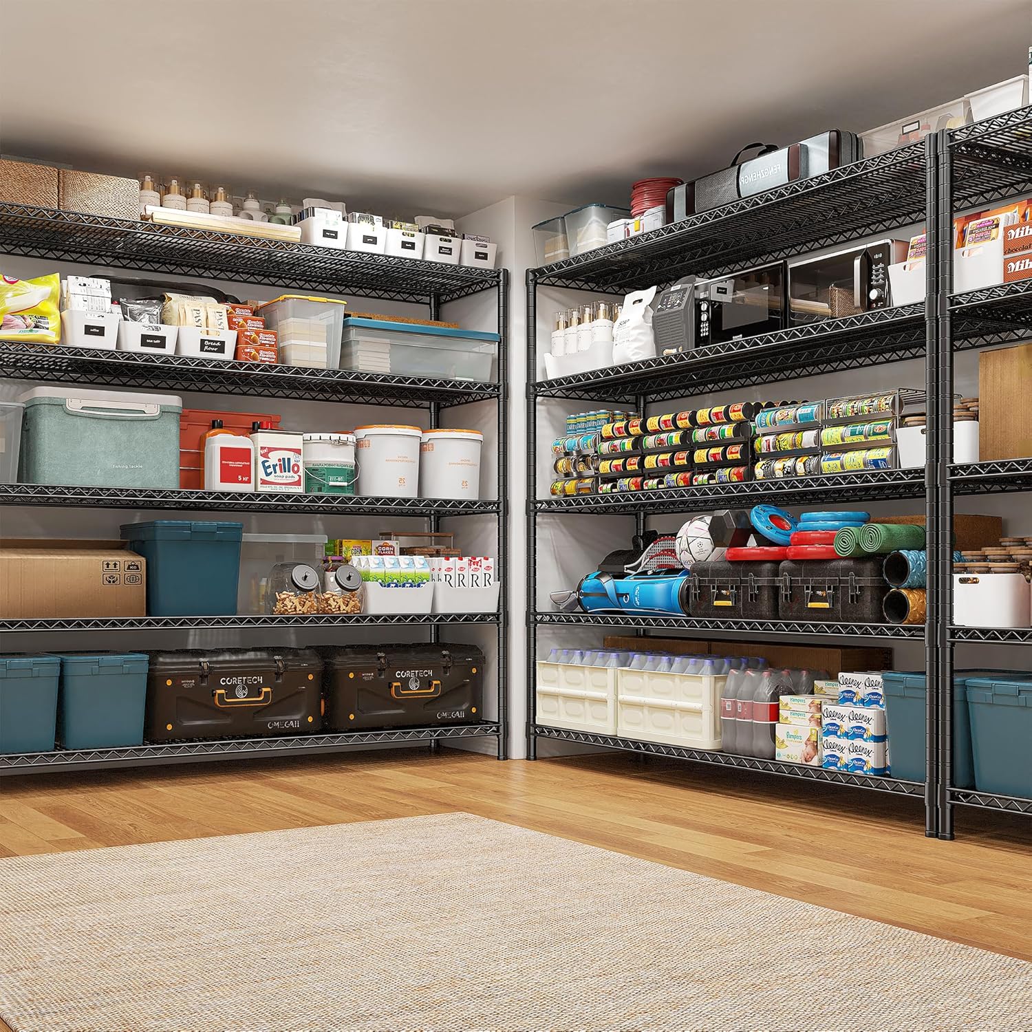 REIBII 85.7" H Storage Shelves 2998LBS Metal Shelving Unit with Wheels & Feet, 5 Tier Garage