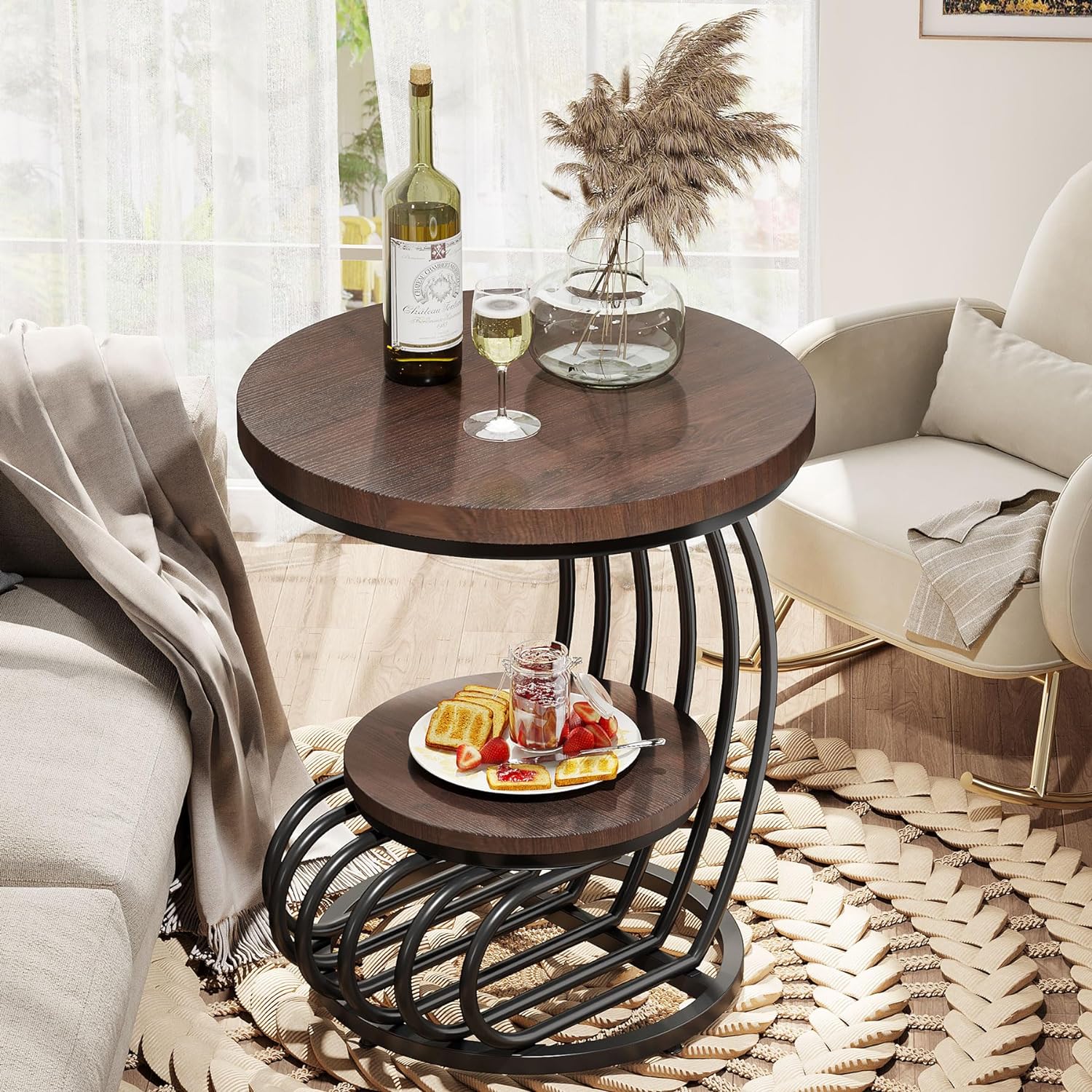 Tribesigns Round End Side Table: Side Table with 2 Tiers Storage Shelves, Vintage End Table for