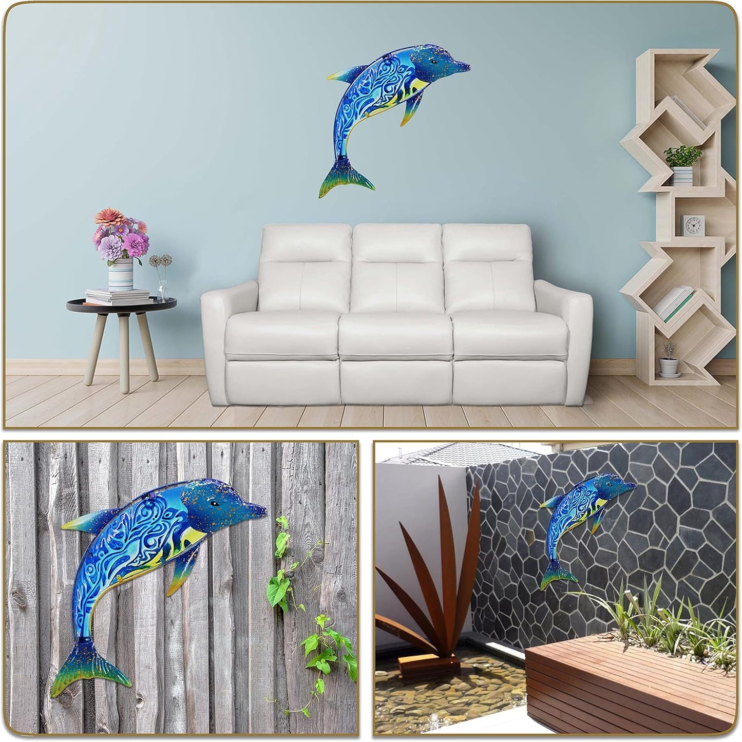 John's Studio Dolphin Wall Decor Outdoor Metal FIsh Sea Hanging Art Glass Sculptures Home Ocean