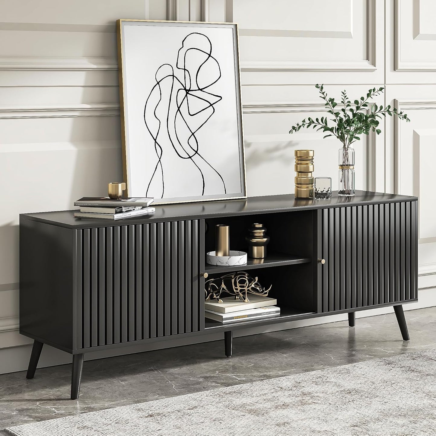 Mid Century Modern TV Stand for Televisions up to 70 Inches, with Sliding Doors and Storage