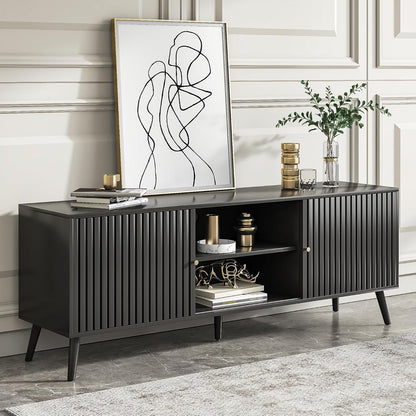 Mid Century Modern TV Stand for Televisions up to 70 Inches, with Sliding Doors and Storage